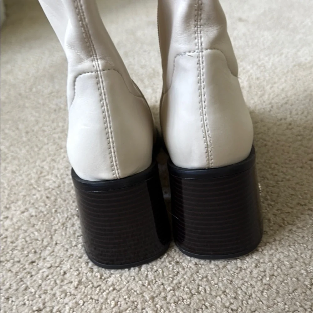 Cream Square-Toe Block Heel Ankle Boots